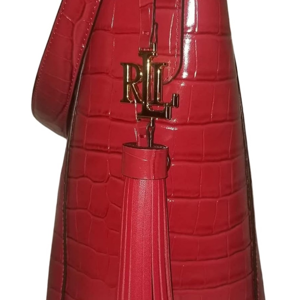 NWT. Ralph Lauren Embossed Red Adley Shoulder Bag with tassel - Picture 4 of 14